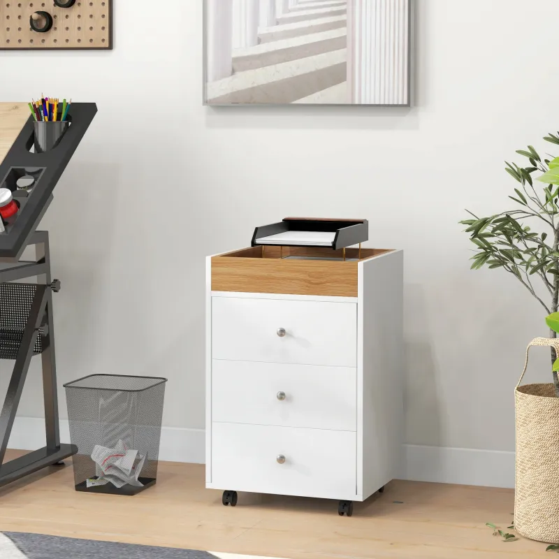 Cajonera de Oficina con 4 Ruedas 3 Cajones y 1 Bandeja Extraíble Carga 30 kg 43x40x66,5 cm Blanco y Natural - Ogal.Es