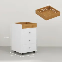 Cajonera de Oficina con 4 Ruedas 3 Cajones y 1 Bandeja Extraíble Carga 30 kg 43x40x66,5 cm Blanco y Natural - Ogal.Es