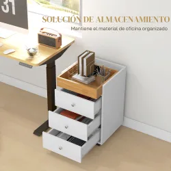 Cajonera de Oficina con 4 Ruedas 3 Cajones y 1 Bandeja Extraíble Carga 30 kg 43x40x66,5 cm Blanco y Natural - Ogal.Es