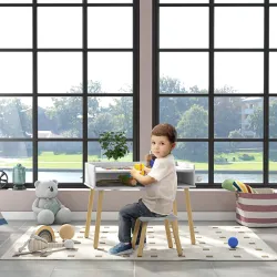 Juego de Mesa y Silla Infantil Mesa para Niños con Tablero de Bloques de Construcción y Rollo de Papel Blanco - Ogal.Es