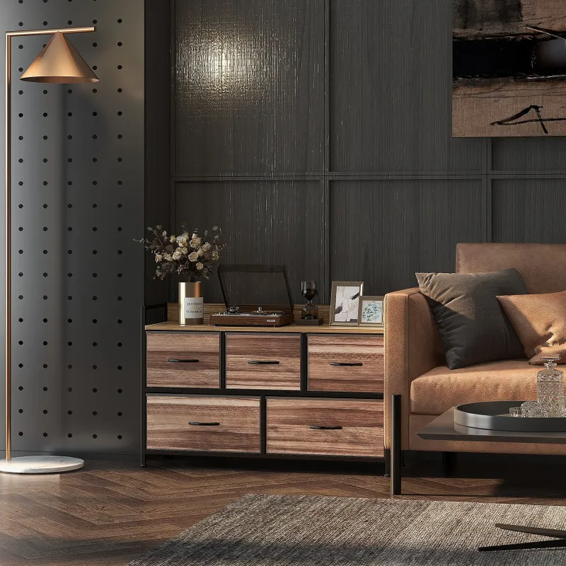 Cajonera de Tela con 5 Cajones y Marco Metálico Estilo Industrial para Salón Recibidor 98x29x63 cm Roble - Ogal.Es