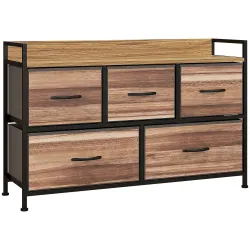 Cajonera de Tela con 5 Cajones y Marco Metálico Estilo Industrial para Salón Recibidor 98x29x63 cm Roble - Ogal.Es