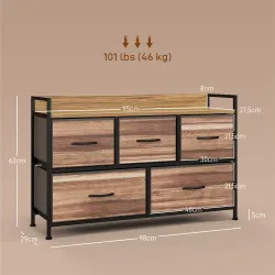 Cajonera de Tela con 5 Cajones y Marco Metálico Estilo Industrial para Salón Recibidor 98x29x63 cm Roble - Ogal.Es