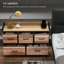 Cajonera de Tela con 5 Cajones y Marco Metálico Estilo Industrial para Salón Recibidor 98x29x63 cm Roble - Ogal.Es