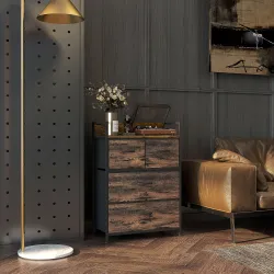 Cajonera de Tela con 4 Cajones Plegables y Marco de Acero Estilo Industrial para Salón 60x29x85 cm Marrón Rústico - Ogal.Es