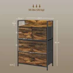 Cajonera de Tela con 4 Cajones Plegables y Marco de Acero Estilo Industrial para Salón 60x29x85 cm Marrón Rústico - Ogal.Es