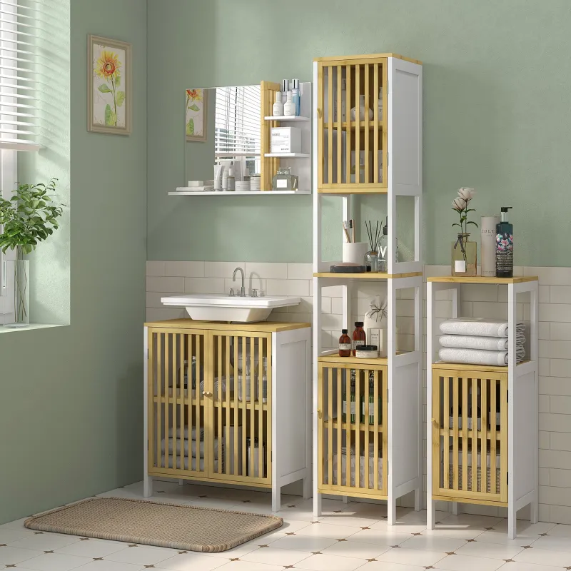 Armario de Baño Bajo Lavabo de Bambú con Puerta Doble y Estante Ajustable Carga 30 kg 60x30x70 cm Natural y Blanco - Ogal.Es