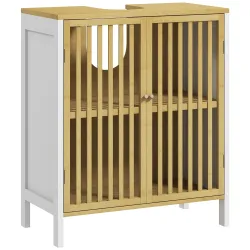 Armario de Baño Bajo Lavabo de Bambú con Puerta Doble y Estante Ajustable Carga 30 kg 60x30x70 cm Natural y Blanco - Ogal.Es