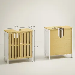 Armario de Baño Bajo Lavabo de Bambú con Puerta Doble y Estante Ajustable Carga 30 kg 60x30x70 cm Natural y Blanco - Ogal.Es