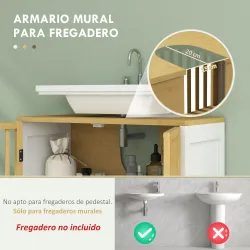 Armario de Baño Bajo Lavabo de Bambú con Puerta Doble y Estante Ajustable Carga 30 kg 60x30x70 cm Natural y Blanco - Ogal.Es