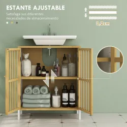Armario de Baño Bajo Lavabo de Bambú con Puerta Doble y Estante Ajustable Carga 30 kg 60x30x70 cm Natural y Blanco - Ogal.Es