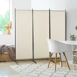 Biombo Separador de Ambientes de 3 Paneles 253x50x182 cm Divisor de Habitación Plegable con 6 Pies de Metal Beige - Ogal.Es