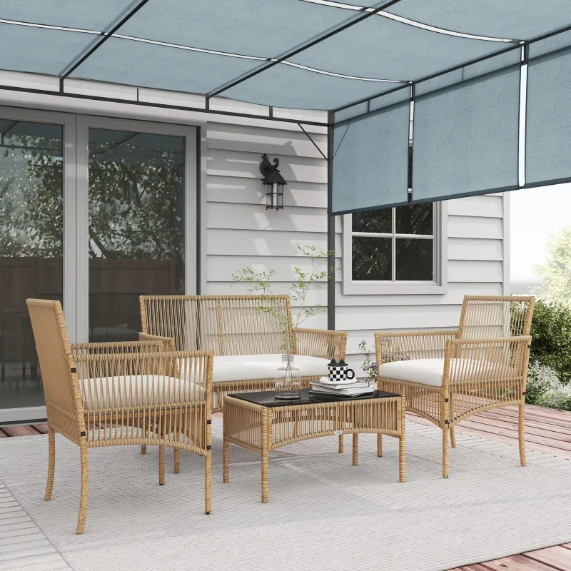 Juego de 4 Piezas Muebles de Terraza con 1 Sofá de 2 Plazas 2 Sillones y 1 Mesa de Centro con Encimera de Crista... - Ogal.Es