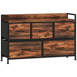 Cajonera de Tela con 5 Cajones y Marco Metálico Estilo Industrial para Salón Recibidor 98x29x63 cm Marrón Rústico - Ogal.Es