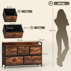Cajonera de Tela con 5 Cajones y Marco Metálico Estilo Industrial para Salón Recibidor 98x29x63 cm Marrón Rústico - Ogal.Es