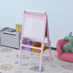 Pizarra de Doble Cara Caballete para Niños con Rollo de Papel y 2 Cestas de Almacenamiento 58,5x50,5x118 cm Rosa - Ogal.Es