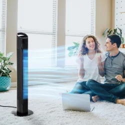 Ventilador de Torre 50W con Mando a Distancia 3 Velocidades Pantalla Temporizador y Oscilante 70° Ø20x78,5 cm Negro - Ogal.Es