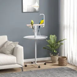 Comedero para Pájaros de Pie Ø60x138 cm con 4 Ruedas 2 Cuenco de Acero Inoxidable y 2 Perchas Blanco - Ogal.Es