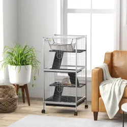 Jaula para Animales Pequeños con Ruedas 2 Puertas 3 Rampas Hamaca Colgante y Bandeja Extraíble 52x52x113,5cm Gris - Ogal.Es