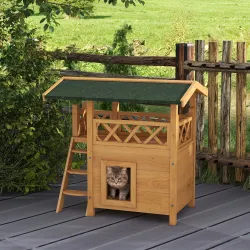 Caseta para Gatos de 2 Niveles 77x50x73cm Refugio para Gatos con Techo Asfáltico Escalera y Balcón para Exterior... - Ogal.Es