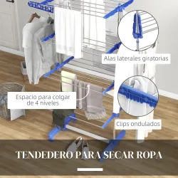 Tendedero Vertical de 4 Niveles con 6 Ruedas 2 Laterales Abatibles Estantes Ajustables y Marco de Acero Inoxidab... - Ogal.Es