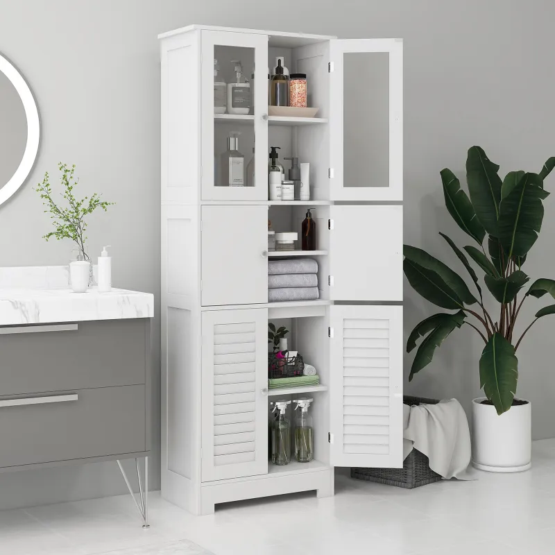 Mueble Auxiliar de Baño con 6 Puertas Estantes Ajustables Antivuelco Armario de Baño Moderno 60x30x170,5 cm Blanco - Ogal.Es