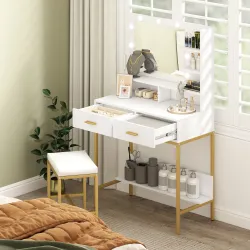 Tocador de Maquillaje con Luz y Taburete Mesa de Maquillaje con 2 Cajones y Estantes de Almacenamiento Blanco - Ogal.Es
