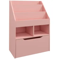 Estantería Infantil de Madera con 3 Compartimentos 2 Cubos y Cajón Móvil con 4 Ruedas 60x29,9x90 cm Rosa - Ogal.Es