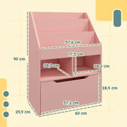 Estantería Infantil de Madera con 3 Compartimentos 2 Cubos y Cajón Móvil con 4 Ruedas 60x29,9x90 cm Rosa - Ogal.Es