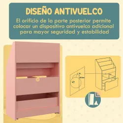 Estantería Infantil de Madera con 3 Compartimentos 2 Cubos y Cajón Móvil con 4 Ruedas 60x29,9x90 cm Rosa - Ogal.Es