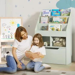 Estantería Infantil de Madera con 3 Compartimentos 2 Cubos y Cajón Móvil con 4 Ruedas 60x29,9x90 cm Verde - Ogal.Es
