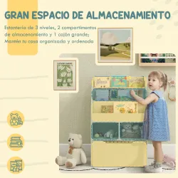 Estantería Infantil de Madera con 3 Compartimentos 2 Cubos y Cajón Móvil con 4 Ruedas 60x29,9x90 cm Verde - Ogal.Es