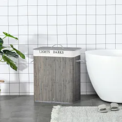 Cesto para Ropa Sucia de Bambú Capacidad de 100L con Tapa Extraíble Bolsa de 2 Compartimentos 52x32x63 cm Gris - Ogal.Es