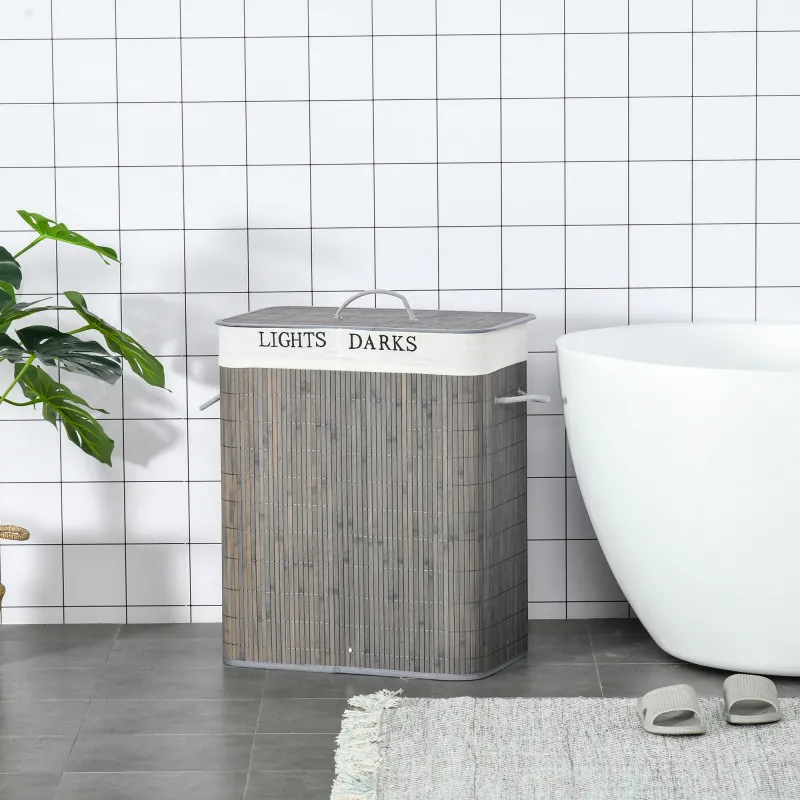 Cesto para Ropa Sucia de Bambú Capacidad de 100L con Tapa Extraíble Bolsa de 2 Compartimentos 52x32x63 cm Gris - Ogal.Es
