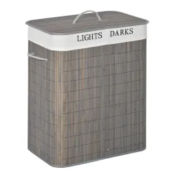 Cesto para Ropa Sucia de Bambú Capacidad de 100L con Tapa Extraíble Bolsa de 2 Compartimentos 52x32x63 cm Gris - Ogal.Es