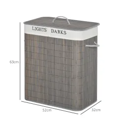 Cesto para Ropa Sucia de Bambú Capacidad de 100L con Tapa Extraíble Bolsa de 2 Compartimentos 52x32x63 cm Gris - Ogal.Es
