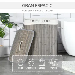 Cesto para Ropa Sucia de Bambú Capacidad de 100L con Tapa Extraíble Bolsa de 2 Compartimentos 52x32x63 cm Gris - Ogal.Es