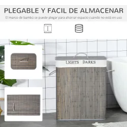 Cesto para Ropa Sucia de Bambú Capacidad de 100L con Tapa Extraíble Bolsa de 2 Compartimentos 52x32x63 cm Gris - Ogal.Es