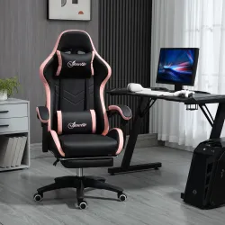 Silla Gaming Silla Gamer de Cuero PU Reclinable 135° Reposacabezas y Reposapiés 65x65x121-129 cm Negro y Rosa - Ogal.Es