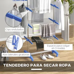 Tendedero Vertical de 3 Niveles con 6 Ruedas 2 Laterales Abatibles Estantes Ajustables y Marco de Acero Inoxidab... - Ogal.Es