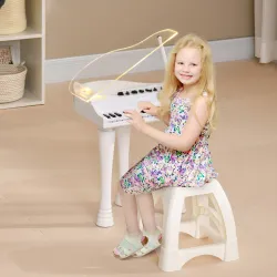 Juego de Piano Infantil de 32 Teclas con Micrófono Taburete Luces 22 Canciones y 4 Sonidos 37x30,5x60,4 cm Blanco - Ogal.Es