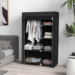 Armario de Tela Plegable Ropero Portátil con 6 Estantes y 1 Barra de Colgar para Dormitorio 103x43x162,5cm Negro - Ogal.Es