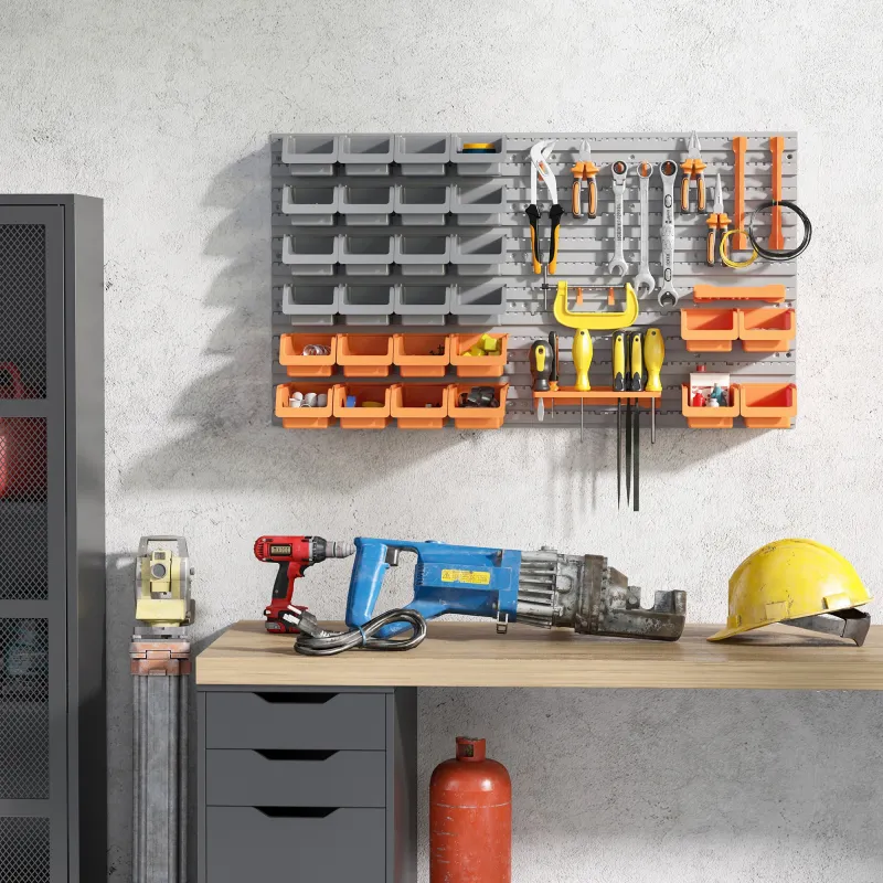 Estantería de Pared para Herramientas 95x54 cm con 28 Cajas Apilables y Diferentes Ganchos Gris y Naranja - Ogal.Es