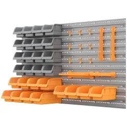 Estantería de Pared para Herramientas 95x54 cm con 28 Cajas Apilables y Diferentes Ganchos Gris y Naranja - Ogal.Es