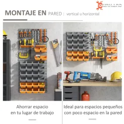 Estantería de Pared para Herramientas 95x54 cm con 28 Cajas Apilables y Diferentes Ganchos Gris y Naranja - Ogal.Es