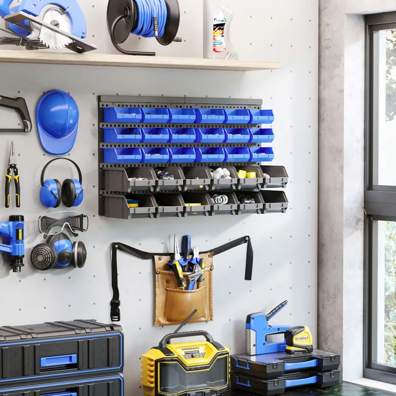 Estantería de Pared para Herramientas de 33 Piezas 63x18x37,5 cm con 30 Cajas Desmontable y 2 Paneles Azul y Gris - Ogal.Es