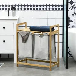 Cesto de la Ropa Sucia de Bambú con 2 Bolsas Extraíbles y Estante Carga 20kg 2x40,6L 64x33x73 cm Natural - Ogal.Es