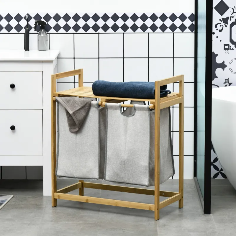 Cesto de la Ropa Sucia de Bambú con 2 Bolsas Extraíbles y Estante Carga 20kg 2x40,6L 64x33x73 cm Natural - Ogal.Es