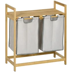 Cesto de la Ropa Sucia de Bambú con 2 Bolsas Extraíbles y Estante Carga 20kg 2x40,6L 64x33x73 cm Natural - Ogal.Es