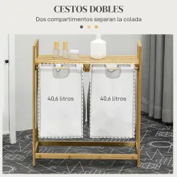 Cesto de la Ropa Sucia de Bambú con 2 Bolsas Extraíbles y Estante Carga 20kg 2x40,6L 64x33x73 cm Natural - Ogal.Es